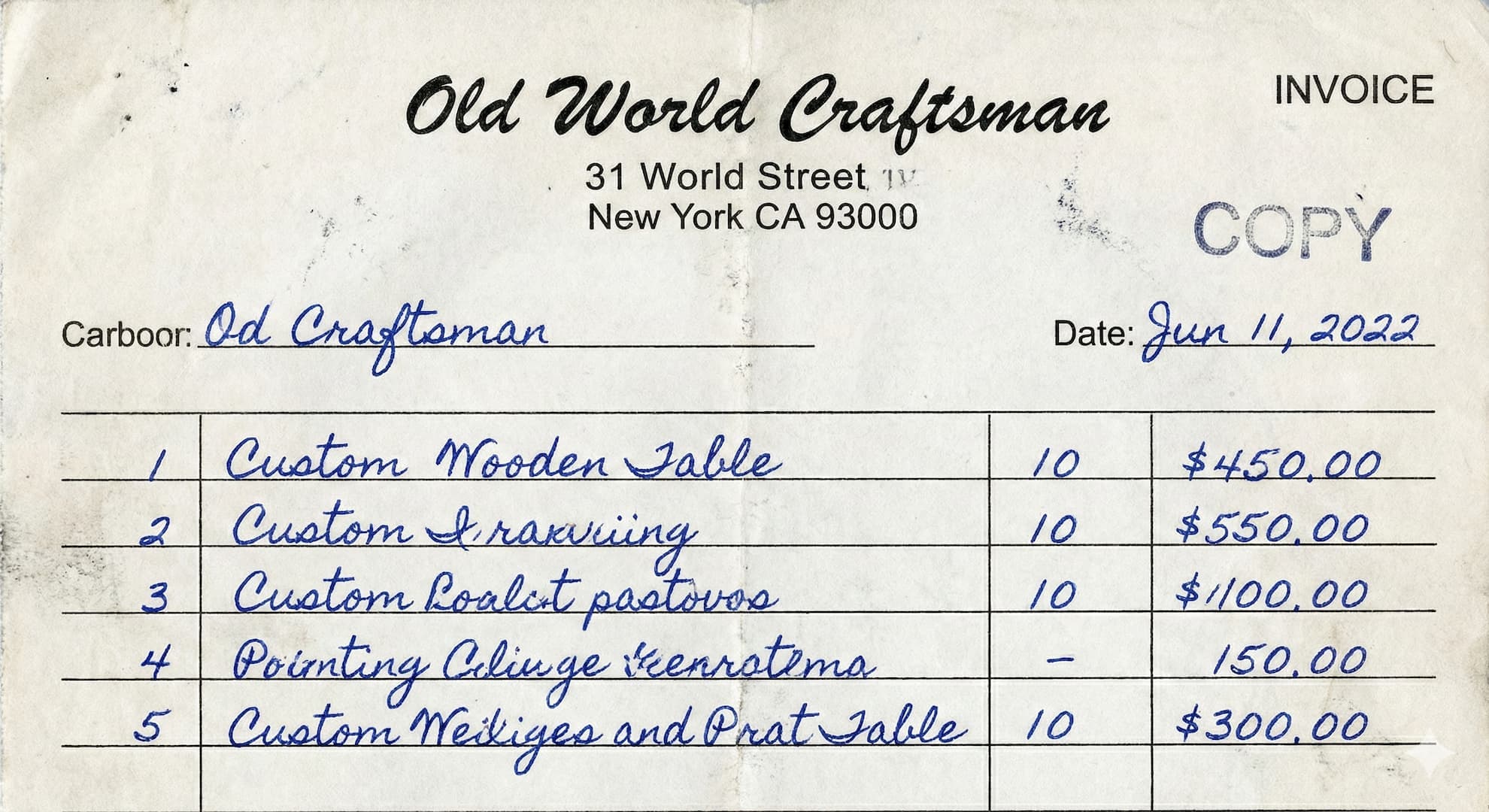 Original handwritten invoice challenge