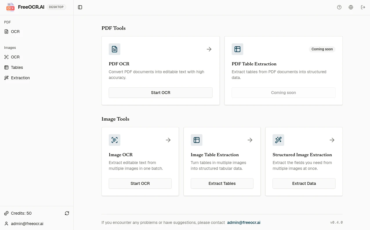 FreeOCR.AI Desktop app interface