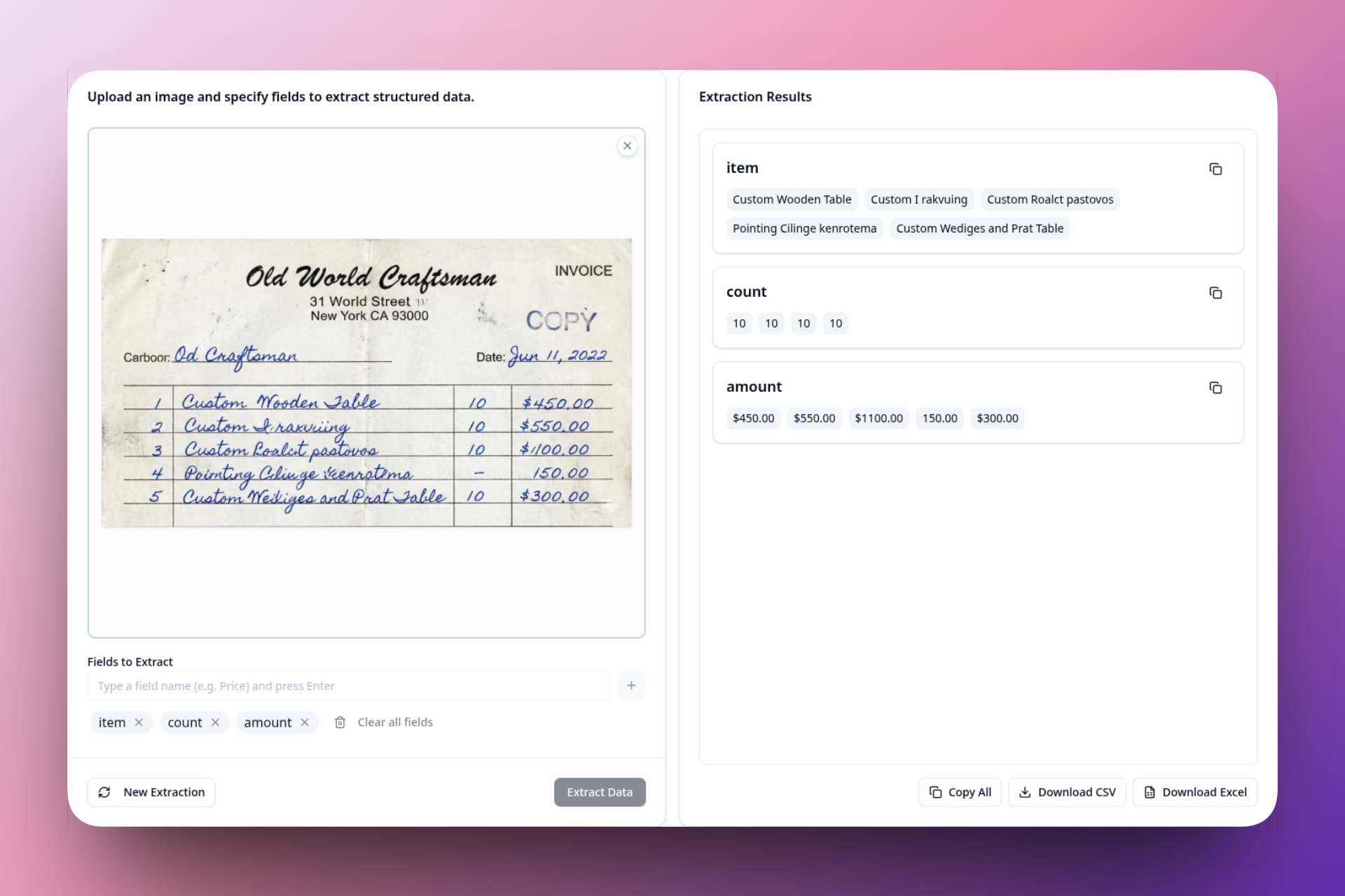 Define fields and extracted data preview interface