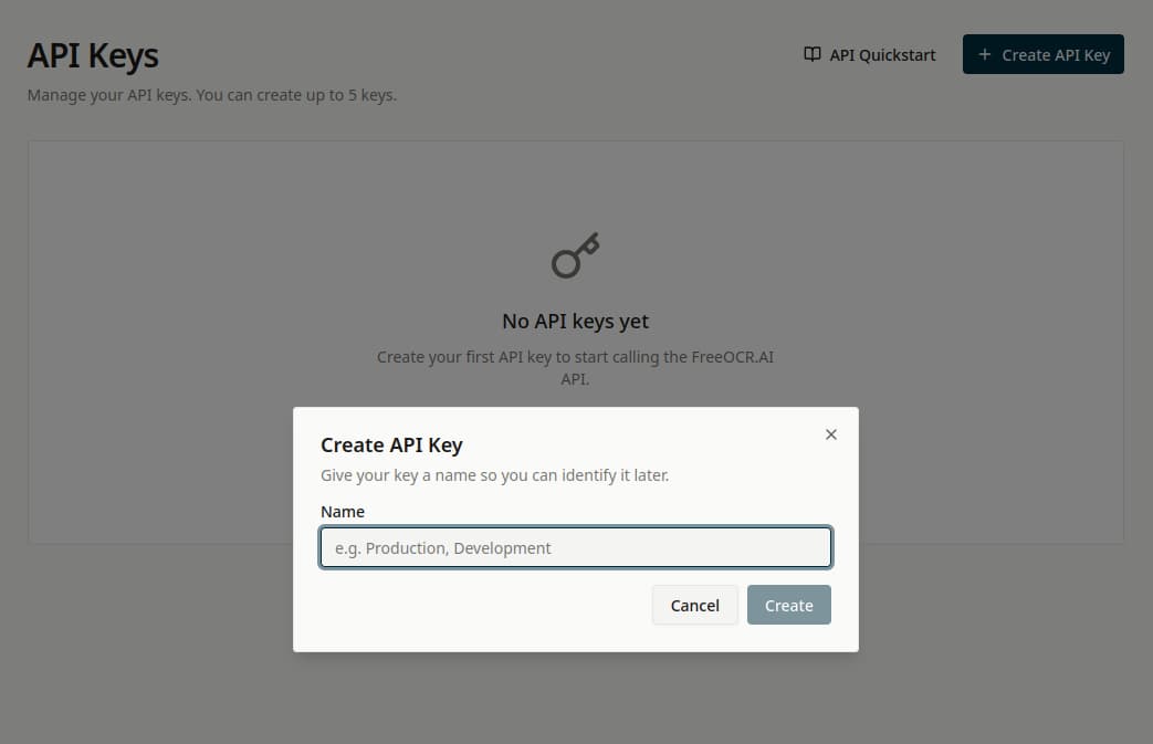 Create API Key dialog in the FreeOCR.AI platform