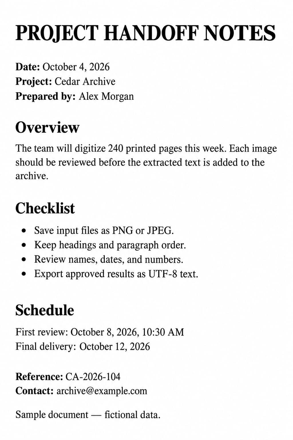 Fictional project handoff document with English headings, paragraphs, dates, and a checklist for OCR testing