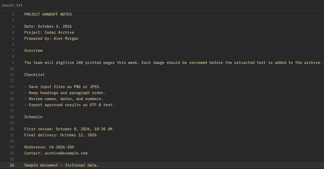 Extracted text from the sample project handoff document displayed in result.txt