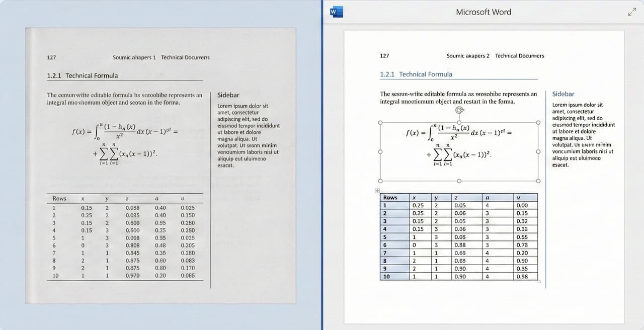 Complex layout with tables and formulas preserved in Word