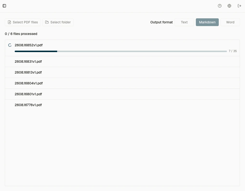 Choose Markdown once for the batch, then track each PDF as its pages are processed.