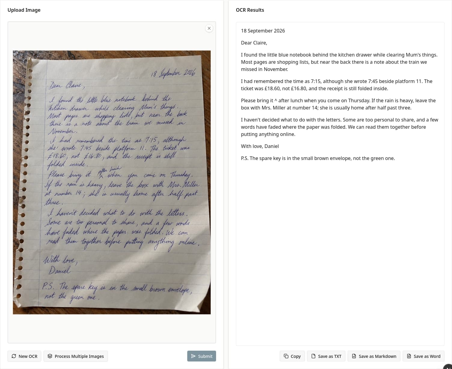 FreeOCR.AI showing a handwritten page image beside its recognized text, with Copy and export controls