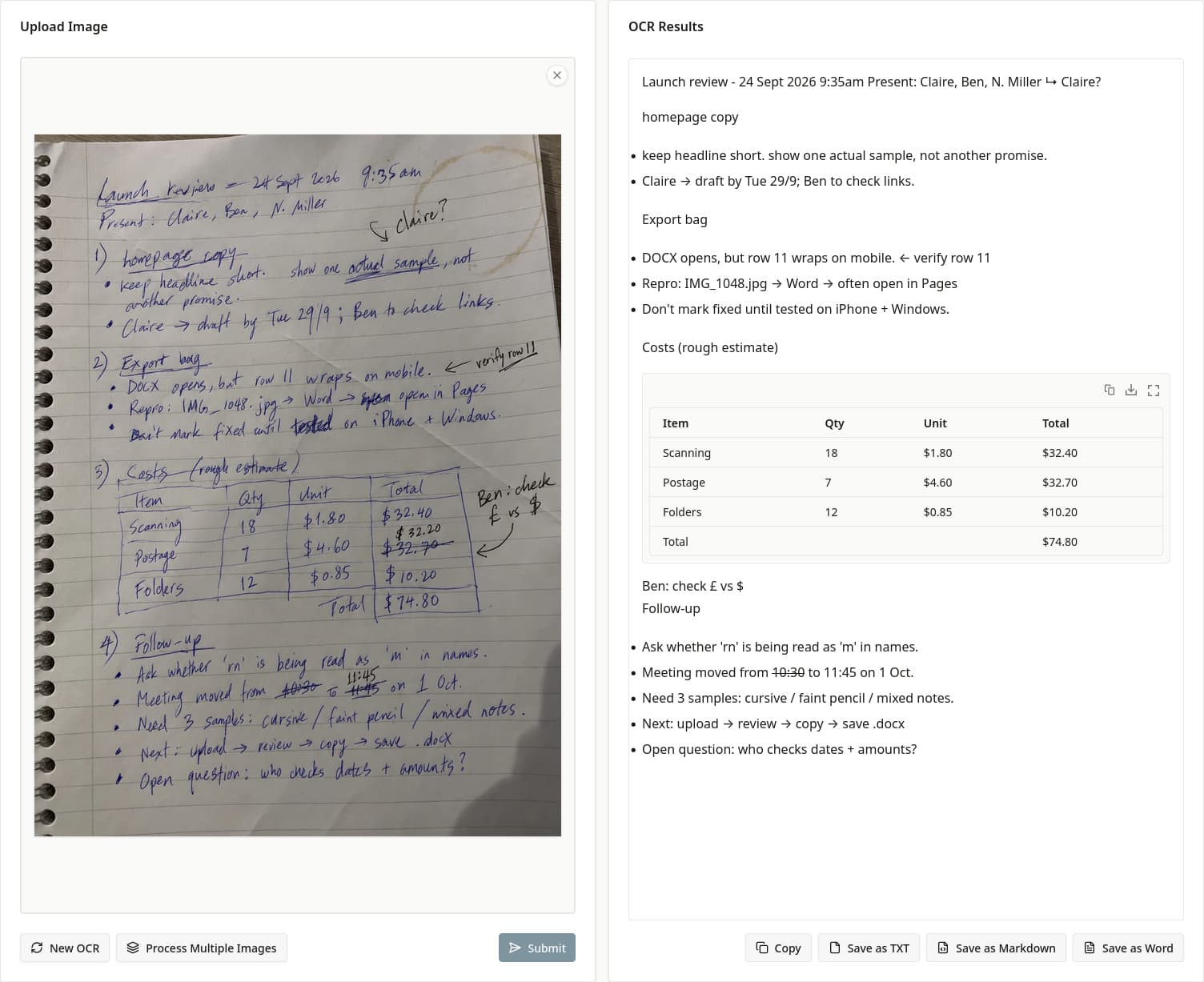 FreeOCR.AI showing the handwritten meeting note beside its OCR result, including a table with rows and columns and Copy, TXT, Markdown, and Word export controls.