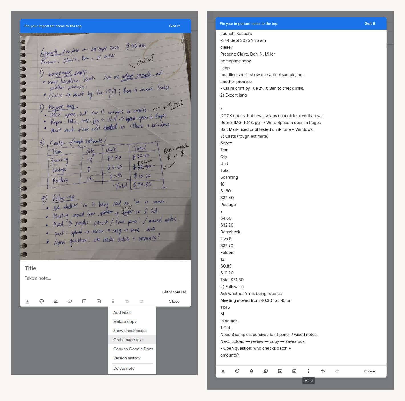 Google Keep comparison: a handwritten meeting note with the Grab image text menu on the left, and the extracted text with table values listed as separate lines on the right.