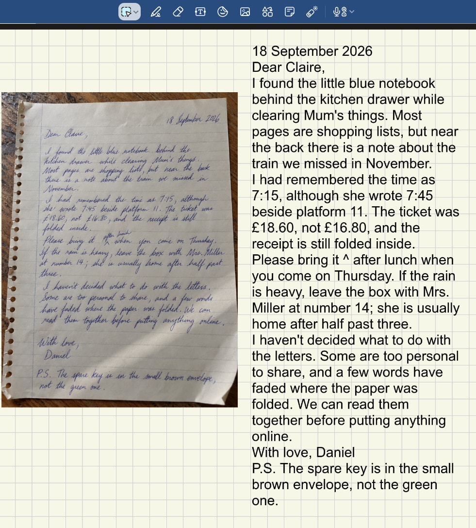 Goodnotes page with the original handwritten image on the left and text extracted with FreeOCR.AI pasted into a text box on the right