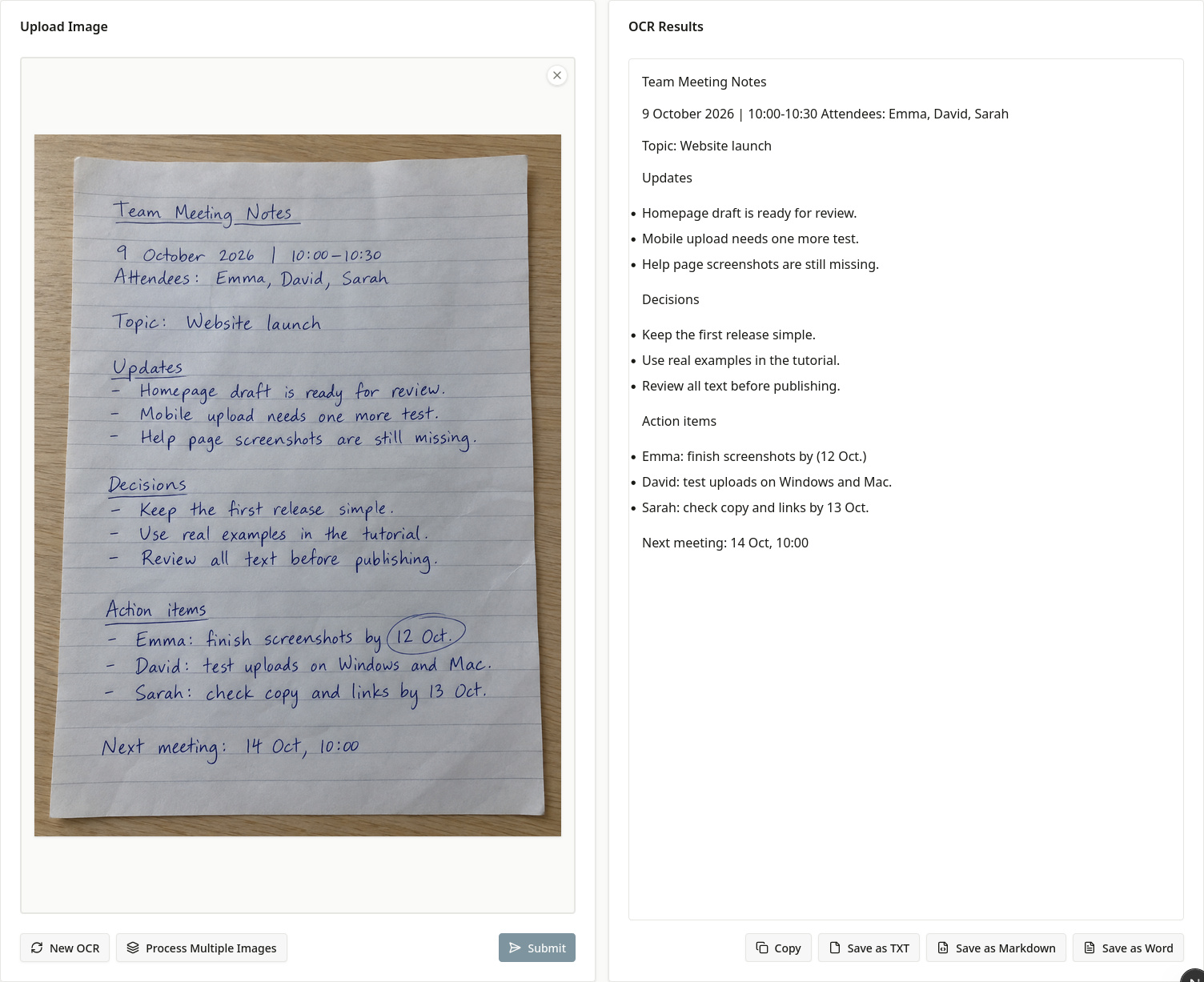 FreeOCR.AI showing the handwritten meeting note image beside recognized text and Copy and download controls