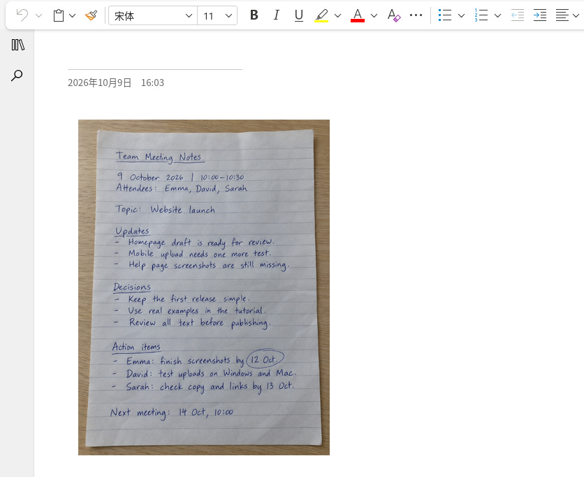 A handwritten meeting note photo inserted into a OneNote for the web page