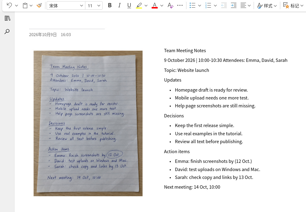OneNote for the web with the handwritten meeting note photo on the left and extracted text pasted on the right